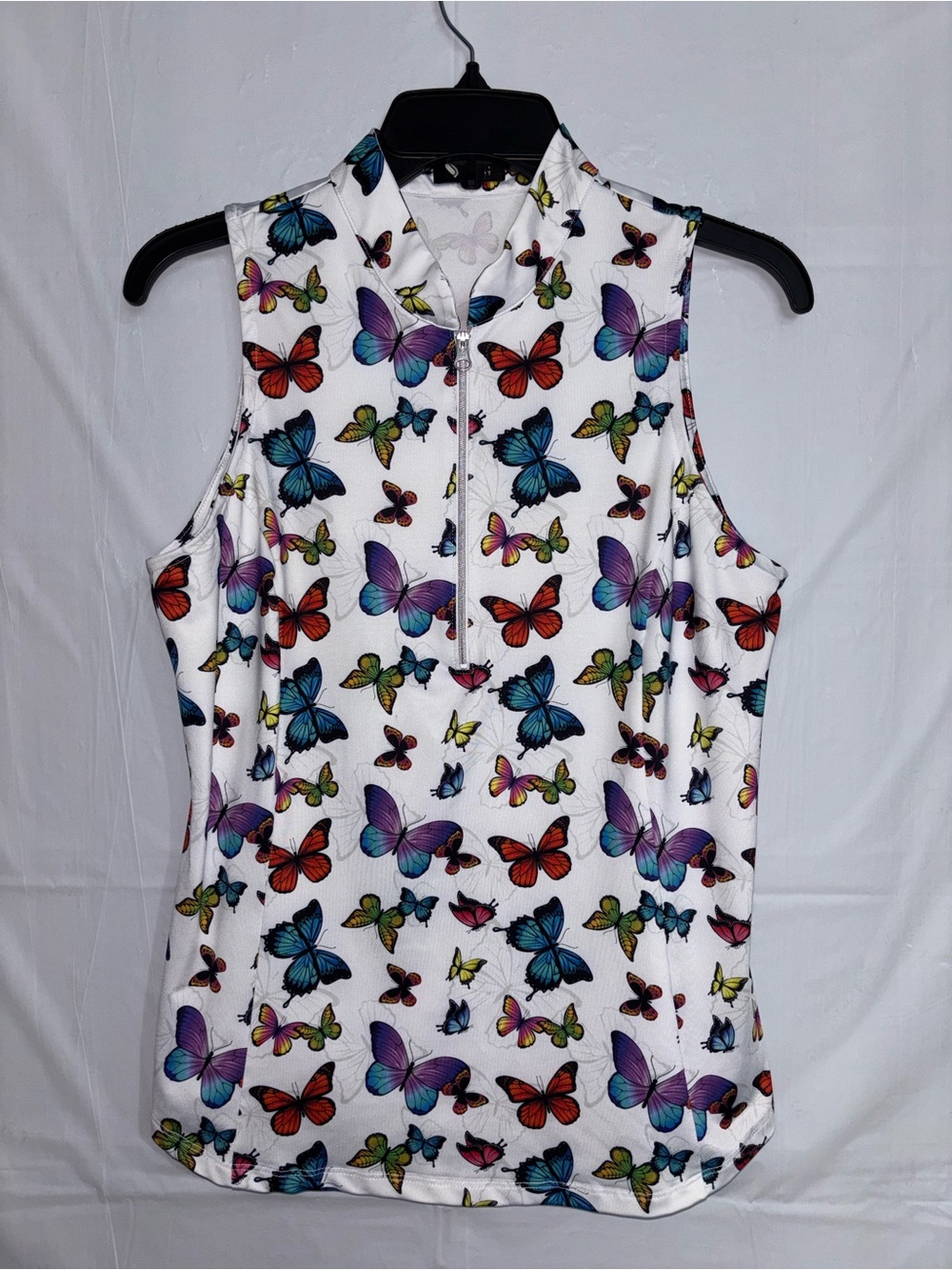 White Butterfly Print Sleeveless Zip Tank Top